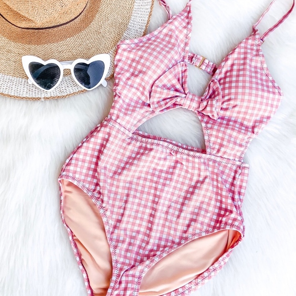 Retro Vintage Style 50s Pink Gingham Swimsuit -C